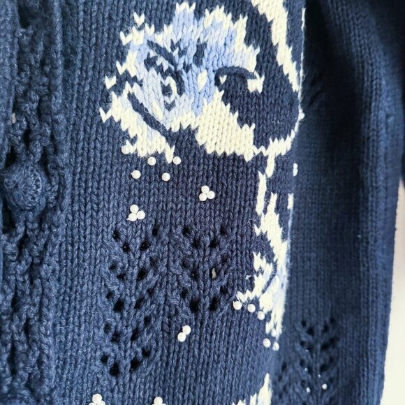 Vintage Susan Bristol Navy Blue Floral Beaded Cardigan M - Picture 6 of 9
